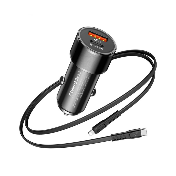 DUOS car charger QC 3.0 & PD 3.0 Max 36W USB-C / Lightning cable 1M